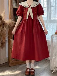 Robes décontractées Preppy Style Red Fairy Girly Femmes élégantes Japonais Sailor Collier Tid Floral Broderie À Manches Courtes Femme