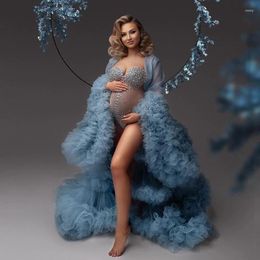 Robes décontractées Jolies volants bleus à plusieurs niveaux Tulle Maternité Longues Robes Sexy Ouvert Avant Puffy Mesh Femmes Enceintes Robes pour Pographie