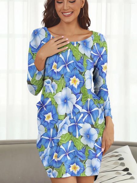 Robes décontractées Jolies fleurs Blue Morning Glory Imprimé Lâche Fille Jupes Femme Poches à manches longues Robe pour femmes Vêtements