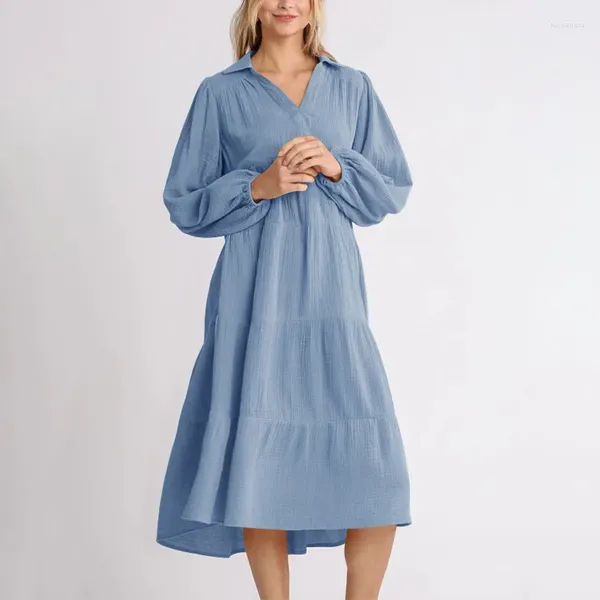 Robes décontractées jolies pour femmes 2024 coton mousseline sexy col en V à manches longues en vrac fête d'anniversaire vacances plage Mujer