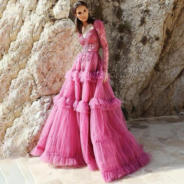 Robes décontractées jolie fuchsia rose longues robes de bal manches longues dentelle chérie modeste robe de soirée une ligne à plusieurs niveaux tulle formelle