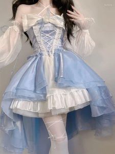 Vestidos casuales Princesa Vestido de fiesta de cumpleaños Lolita Bow Flower Lace Malla Fantástica Hada Elegante Largo para mujeres Robe Ocasión formal