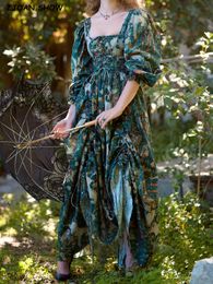 Casual jurken Princess Green Flower Print Maxi Long Swing Jurk met kruisband met viezing op crop top Fairy Robe 2 stuks 1 set 230214
