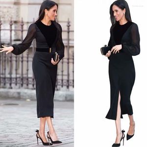 Casual jurken Princess Megan Black Dress Spring Autumn ol Professional Dames Velvet Patchwork Fall Long Sleeve Office Lady Work Wear