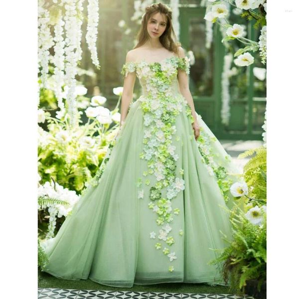 Vestidos casuales Princesa Menta Verde Flor 3D Mujeres formales 2023 Fuera del hombro Una línea Vestidos de fiesta largos Vestido de fiesta