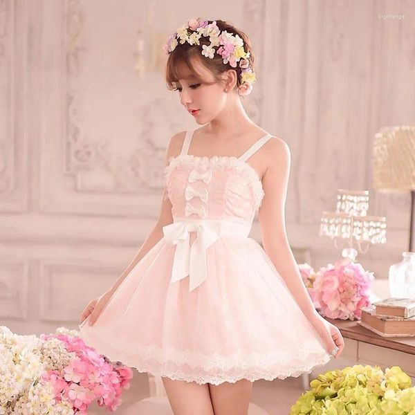 Robes décontractées princesse sweet lolita robe bonbon pluie été japonais rose arc en dentelle de dentelle sans manches coule