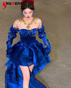 Casual jurken prinses trailing blauwe jurk voor verjaardagsfeestje 2024 zomer hoogwaardige dames vierkante kraag lange pofmouwen kort