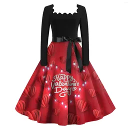 Robes décontractées Imprimer Costumes de Noël pour femmes à manches longues des années 1950 60 Femme au foyer Soirée Robe de bal élégante Saint-Valentin