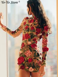 Casual jurken print bloemen borduurwerk mini jurk vrouwen half hoge kraag heup pakket met lange mouwen jurken vrouwelijk herfst elegante dame Vestidos 230317