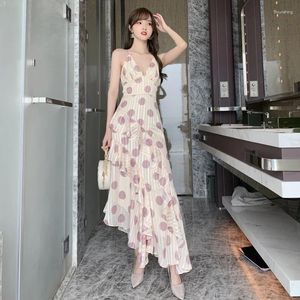 Casual jurken print polka dot sexy ruche zomer jurk 2023 diepe v-hals spaghetti strap dames corset asymmetrische midi geplooid