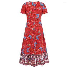 Casual jurken bedrukte kleding Boheemse print v nek zomer met retro-stijl patchwork zoom voor vrouwen middenkalf lengte strakke taille vakantie