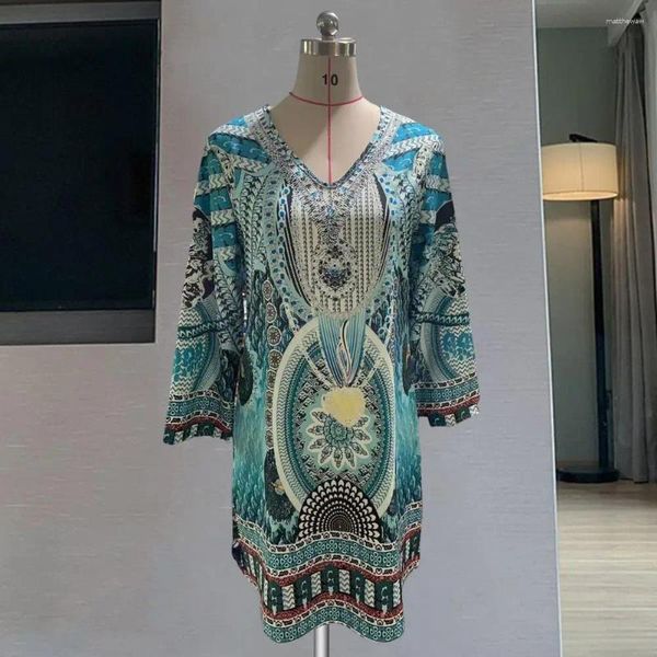 Vestidos informales Vestidos impresos Midi de verano de mujeres estampadas de estilo étnico con mangas largas V Cuello suave y transpirable Diario para damas