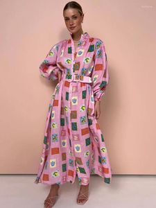 Robes décontractées imprimé robe à manches longues femmes élégant simple boutonnage col montant ceintures colorées automne vacances femme