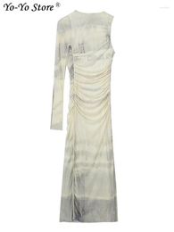 Robes décontractées imprimé maille robe Semi-transparente pour les femmes mode asymétrique une manches longues Midi Vintage dos fermeture éclair Vestidos