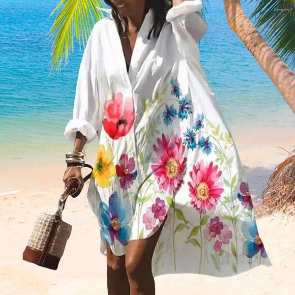 Robes décontractées robe de chemise imprimée Femme Resort Style Leaf Print Vacation Couvre de plage pour les manches longues en vrac