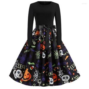 Casual jurken bedrukte schedel pompoen Halloween jurk dames cosplay lange mouw met vlinderdas riem kostuum vintage