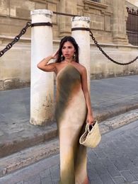 Casual Jurken Gedrukt Tie Dye Hangende Hals Maxi Jurk Vrouwen Backless Off Schouder A-lijn Halverwege De Kuit Zomer Chic Vrouwelijke Straat vestidos