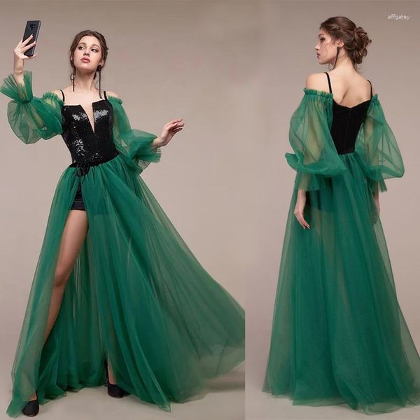 Robes décontractées De Bal 2023 Robes De Luxe Vert À Manches Longues Bouffantes Bretelles Profonde Col En V Fente Latérale Étage Longueur Élégante Soirée