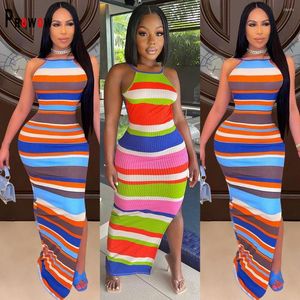 Vestidos casuales Prowow Mujeres Bodycon Maxi Dress Colorful Striped Backless Sexy Beachwear Ropa Summer Camisole Side Split Slim Fit Trajes