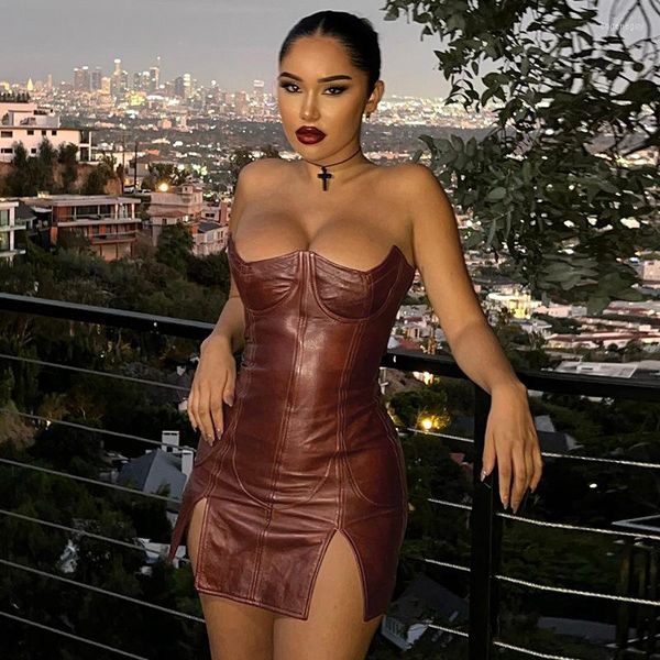 Robes décontractées PU Faux cuir femmes solide sangle robe mi-longue fente moulante Sexy Streetwear fête Club Festival 2023 Corset Mini