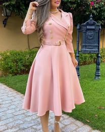 Vestidos casuales Puff Sleeve Double Breasted Belted Blazer Dress vestidos para mujeres elegantes de alta calidad A Line Midi Plain 230327