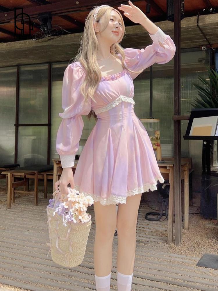Kawaii Lace Chiffon Sweet lilac dress with Puff Sleeves and Tie Dye - Elegant Party Mini Purple lilac dress for Women, Korean Style Summer 2023