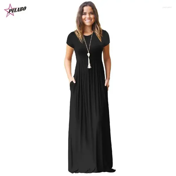 Vestidos casuales PULABO Primavera Verano Longitud del piso Mujeres O Cuello Bolsillos Manga corta Fiesta suelta Vestido Longo de Festa Femenino