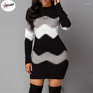 Vestidos casuales Pulabo Mujeres Elegantes Patchwork Long manga larga Autumn Outumn Winter Knit Sweater Turtleneck Mini Rata Dress