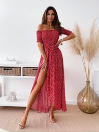 Casual jurken puloru elegante bloemen uit schouder maxi jurk vrouwen zomer zomerse mouw hoge taille a-line kantoor dame split ruches