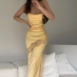 Casual jurken Puloru Gaun Panjang Ikatan Punggung Terbuka Elegan Perca Satin Renda Tali Spaghetti Wanita Pesta Vestidos Selempang Belah 230510
