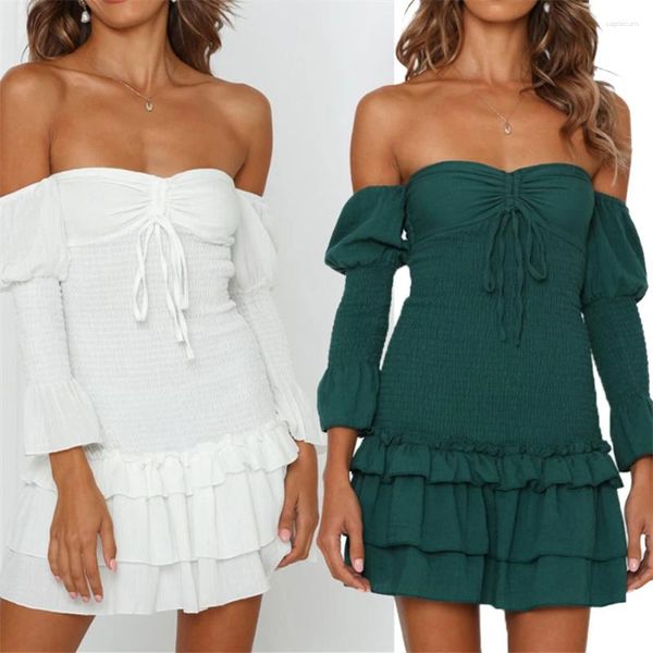 Vestidos casuales Puloru Off-Shoulder Manga larga Vestido corto Elegante Moda Mujeres Tie-up Strapless Tierred Ruffles Mini Primavera Verano