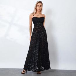 Robes décontractées Puloru vintage en dentelle noire florale jacquard fête robe de spaghetti de la femme