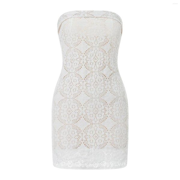 Vestidos casuales Puloru White Lace Crochet Bandeau Dress Mujeres Verano Sin mangas Fuera del hombro Hollow Out Strapless Mini Retro Party Outfit