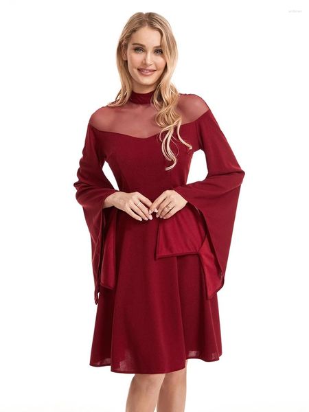 Vestidos casuales Puloru Mujeres Vestido de fiesta de Halloween Vintage Flare Manga Turtleneck Malla Patchwork Flared Rodilla-Longitud Cosplay A-Line