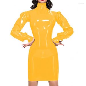 Vestidos casuales PUNK Bodycon vestido para mujer de alta calidad mangas largas abullonadas vinilo señoras PVC cuello paquete caderas fantasía Halloween