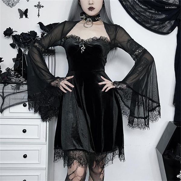 Vestidos casuales Punk Gothic Harajuku Midi Vestido para mujeres Negro Manga larga Goth Sexy Lace Velvets Trendy Streetwear Dropship