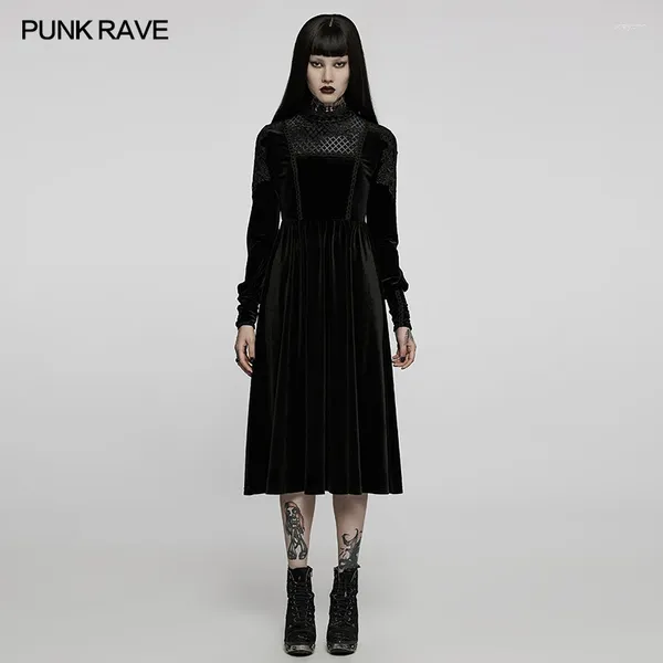 Vestidos casuales PUNK RAVE Gótico Mujeres Vestido de terciopelo Patrón de diamante Negro Goth Lace Collar Apliques Manga Ropa Vintage