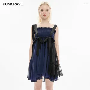 Vestidos casuales PUNK RAVE Vestido de arcos de múltiples correas negras para mujer Gótico Diario Cómodo Elástico Elegante Falda Cinta Empalme Azul