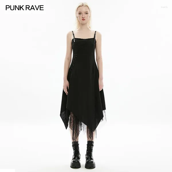 Vestidos informales Punk Rave Rave Femenino Dark Lace Splace Vestido de deslizamiento largo Decoración 3D Gothic Daily Irregular capas Falda de capas