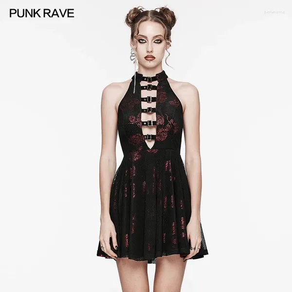 Robes décontractées punk rave rave femme gothique velours floral et élastique robe imprimée rose en maille quotidienne sexy v-cou