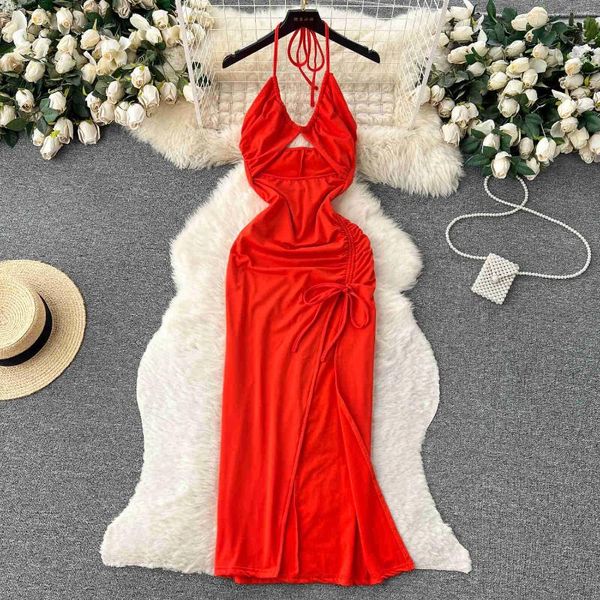 Robes décontractées Pure Spicy Girl's Halter Neck Strap Robe Femme Été Creux Out Cordon Split Rouge Midi Pour Soirée Soirée