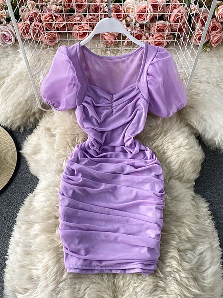 Robes décontractées Purple / Brown / Hite Sexy Mesh Robe serrée Femme Elegant Square Cou à manches courtes Couchage plissé Summer Femme 230410