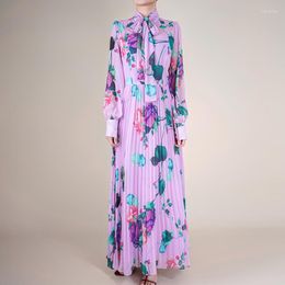 Vestidos informales, vestido Floral púrpura para mujer, 2023, elegante, Vintage, con lazo, drapeado, De manga larga, plisado, Vestidos De Fiesta