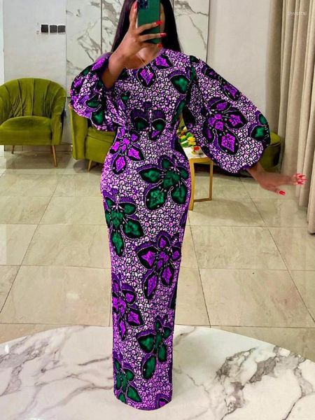 Robes décontractées Violet Floral Imprimé Lanterne Manches Hors Épaule Sexy Moulante Longue Robes Africaines 3XL Soirée Tenues 2022 Mode