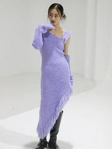 Vestidos casuales púrpura Irregular flecos de punto Vintage largo Slash hombro suéter vestido moda marea invierno 2023
