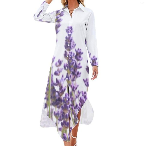 Robes décontractées Robe de lavande pourpre Vintage Fleurs de printemps Esthétique à manches longues col en V personnalisé surdimensionné en mousseline de soie