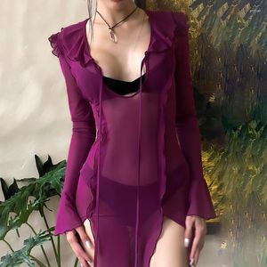 Abiti casual Viola Sheer Mesh Bodycon Beach Dress Donna Elegante Sexy Flare Sleeve Fessura Estate 2023 Vacanze Club Party Midi