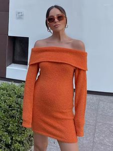 Robes décontractées PUWD Femmes Mode Orange Grand revers Mini Robe en tricot 2023 Printemps Vintage Manches longues Femme Robes Mujer