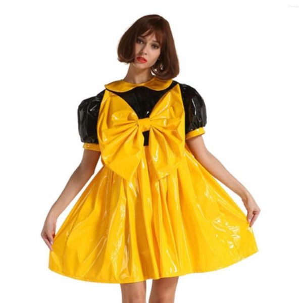 Vestidos informales de PVC con lazo grande, vestido encantador con mangas abullonadas, vestido Sissy para adulto, elegante, Kawaii, Lolita, fiesta gótica, disfraz de Halloween, S-7XL