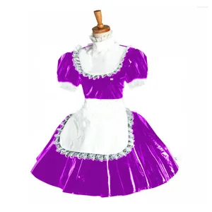 Casual Jurken PVC Dienstmeisje Jurk A-lijn Lolita Wit Kant Trimmen Fancy Kostuum Vinyl Slanke Korte Pofmouwen Vestidos Plus Size